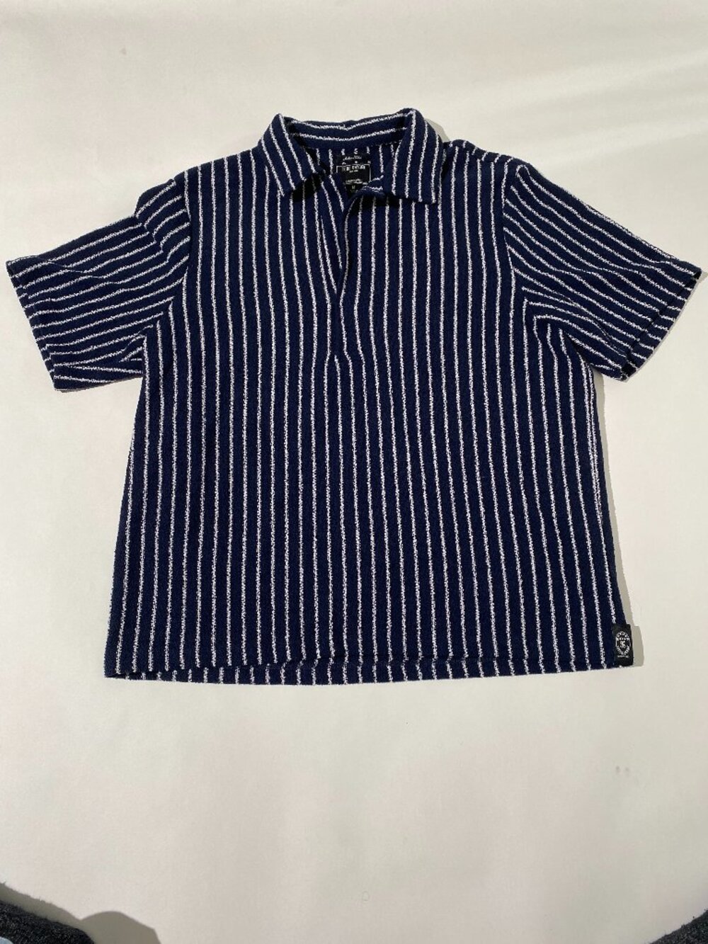 Todd Snyder Blue and White Striped Italian Fabrics Boucle Polo